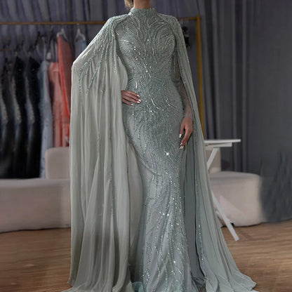Luxury Modest Pink Evening Dress with Cape Long Sleeves Gown LA72413A