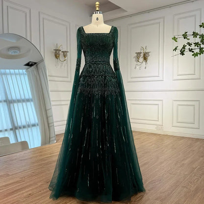 Green A-Line Beaded Evening Dress with Cape Sleeves LA73089