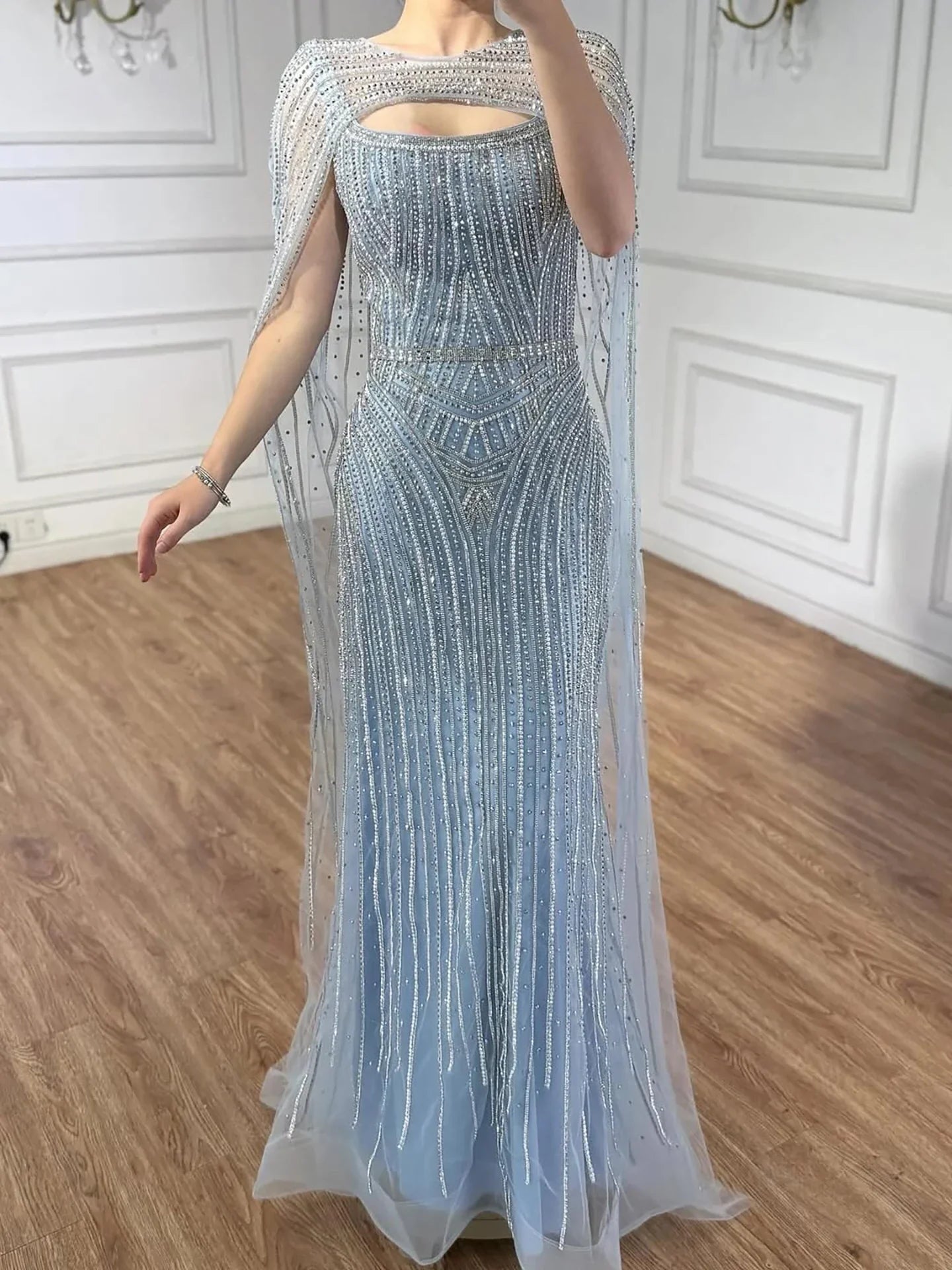 Elegant Blue Strapless Beaded Evening Dress with Cape LA73426