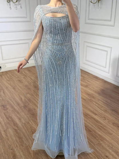 Elegant Blue Strapless Beaded Evening Dress with Cape LA73426