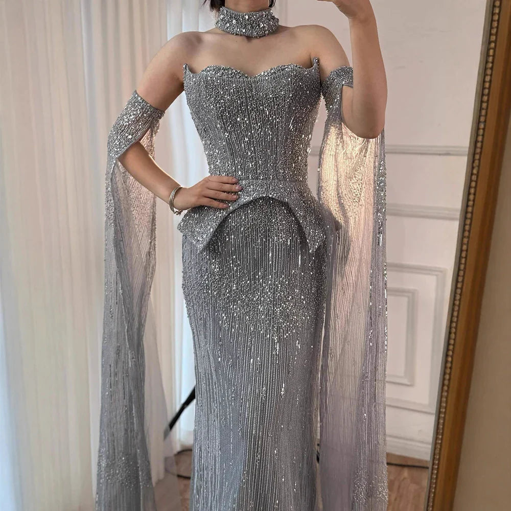 Luxury Gray Beaded Evening Dress with Detachable Sleeves LA73076