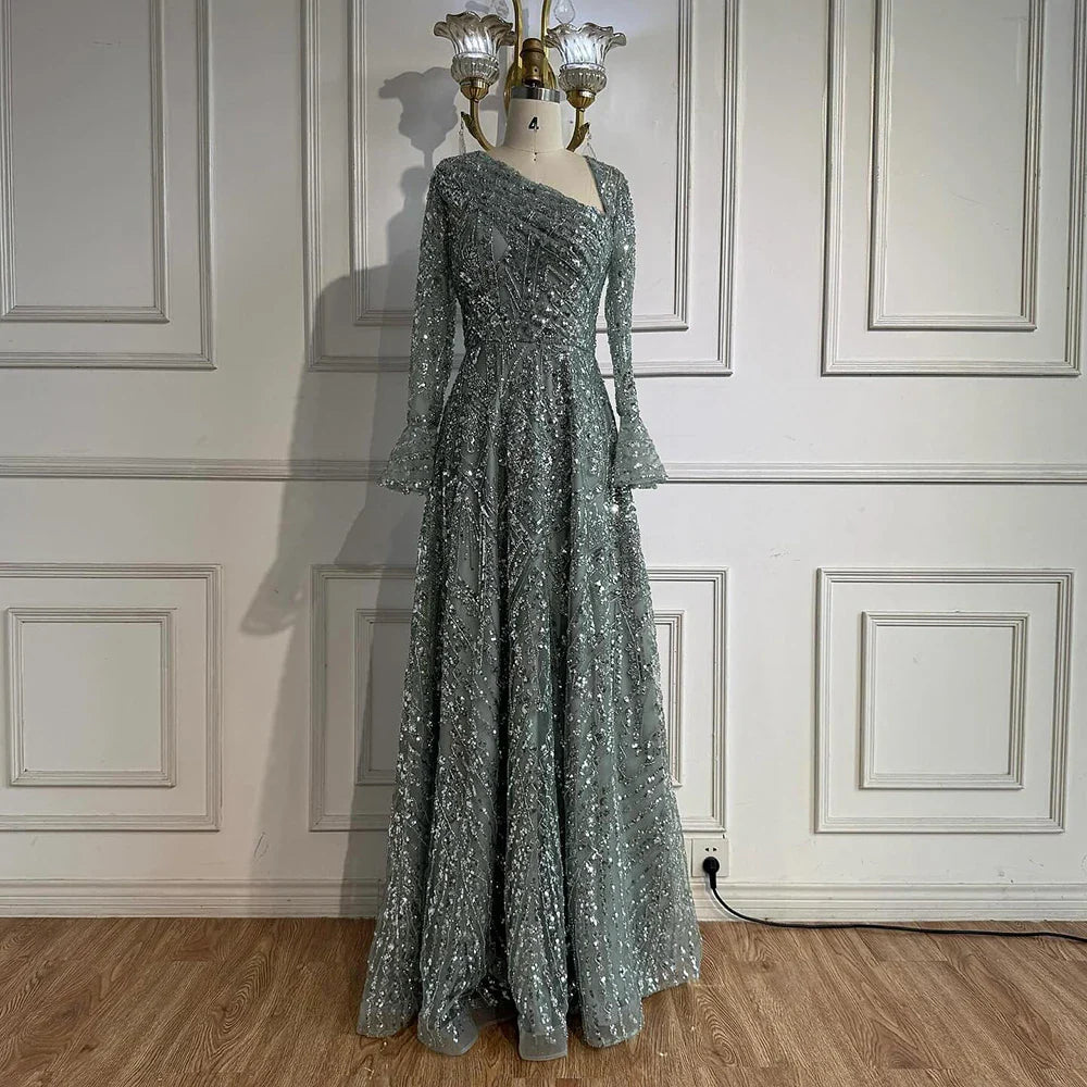 Luxury Turquoise Beaded A-Line Long Sleeve Evening Dress LA73177
