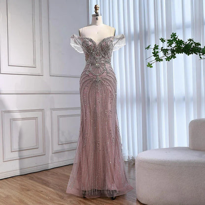Luxury Pink Beaded Tassel Off-the-Shoulder Evening Dress Dubai Style LA73204