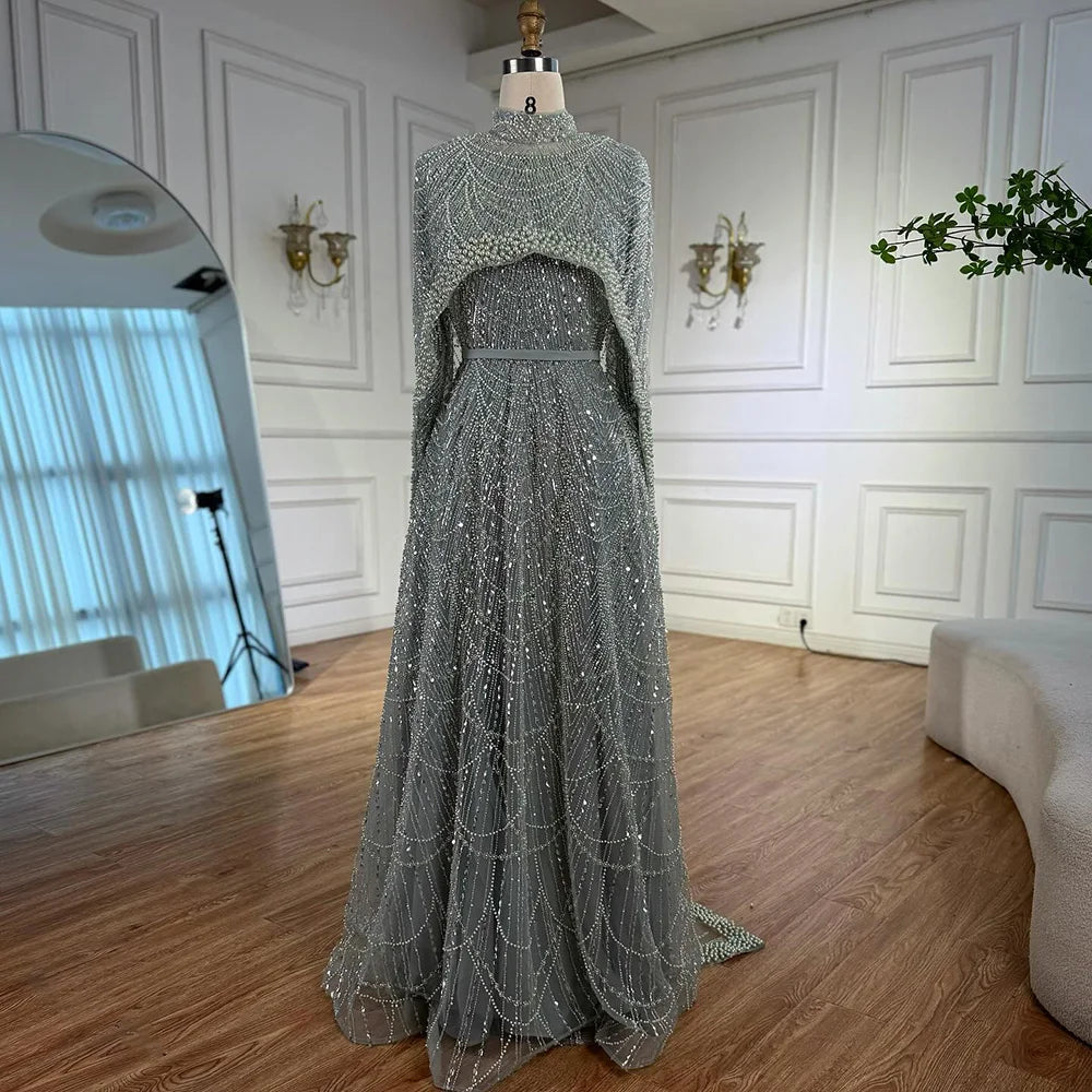 Luxury Modest Pink A-Line Evening Dress with Pearl and Cape LA72032B