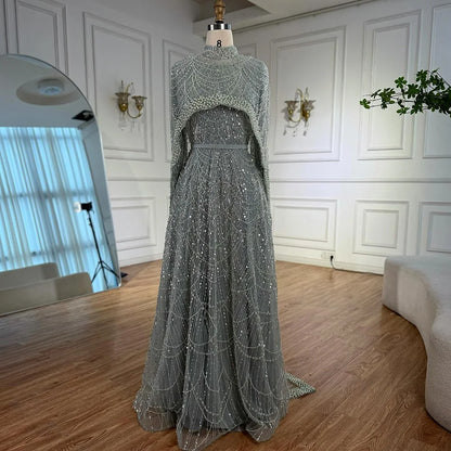 Luxury Modest Pink A-Line Evening Dress with Pearl and Cape LA72032B
