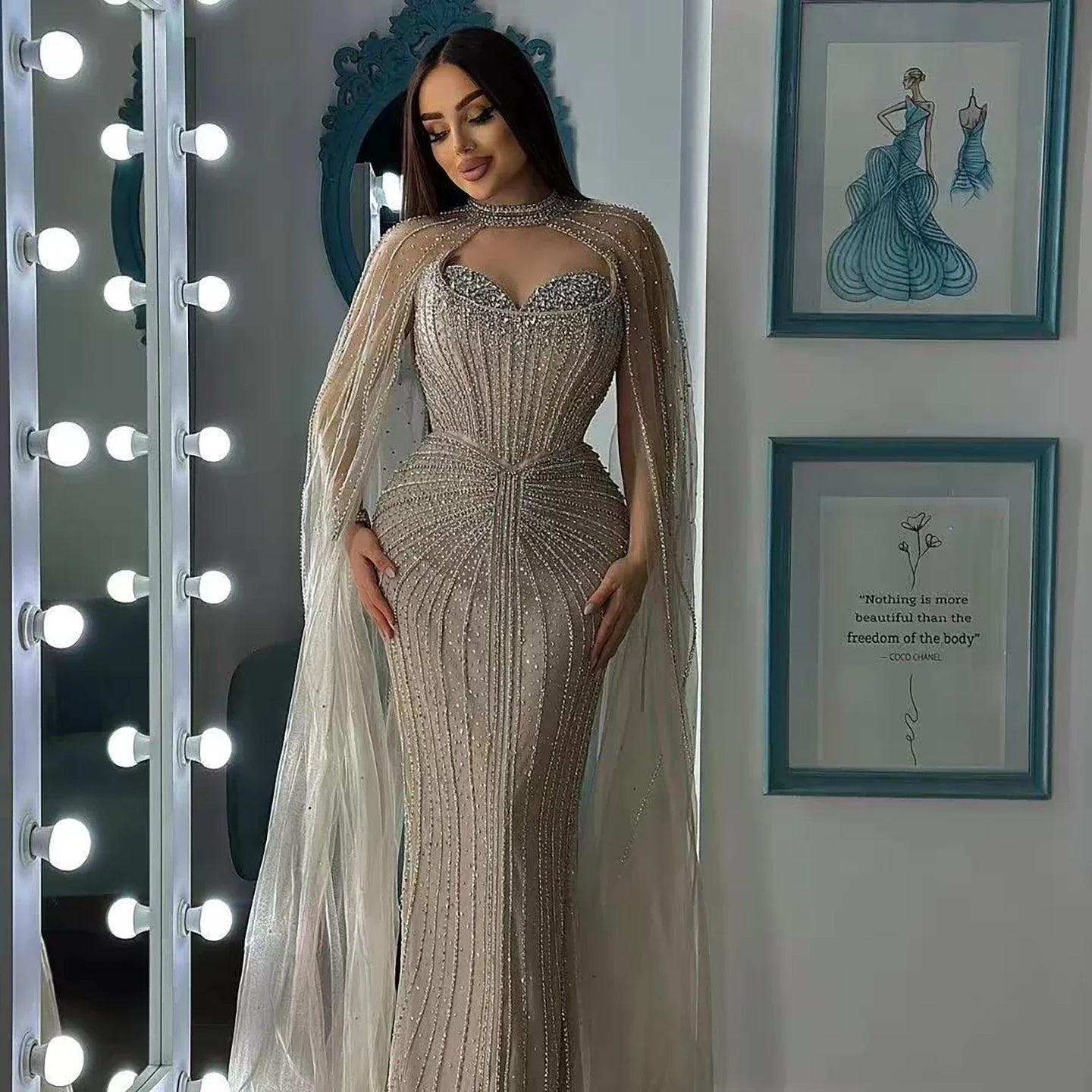 Caramel Beaded Mermaid Luxury Evening Dress with Detachable Cape LA72811C