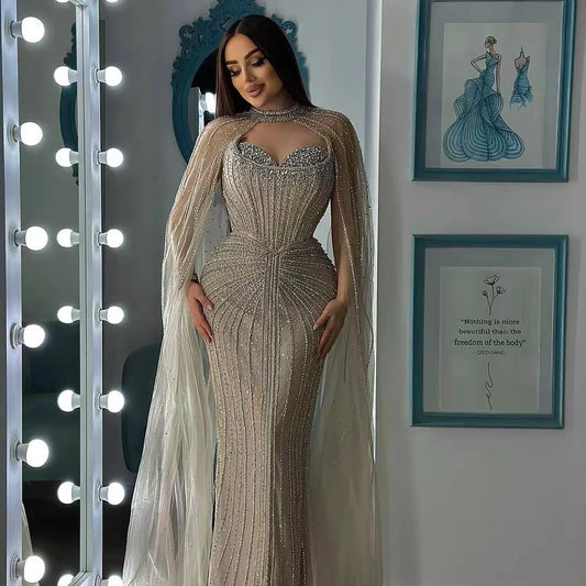 Caramel Beaded Mermaid Luxury Evening Dress with Detachable Cape LA72811C