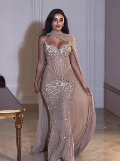 Nude Beaded Corset Mermaid Luxury Evening Dress with Cape LA73343