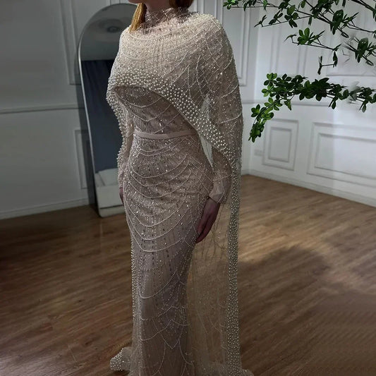 Elegant Modest Beaded Evening Dress with Detachable Cape MN72032M