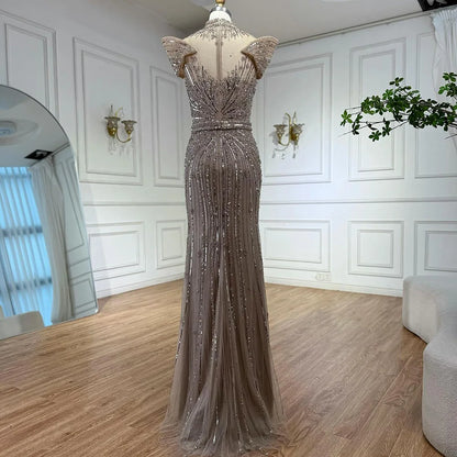 Saudi Arabic Modest High Neck Caramel Mermaid Beaded Evening Dress LA73082