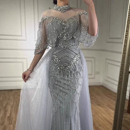 Luxury Nude Beaded Sleeveless Evening Dress with Cape LA73129