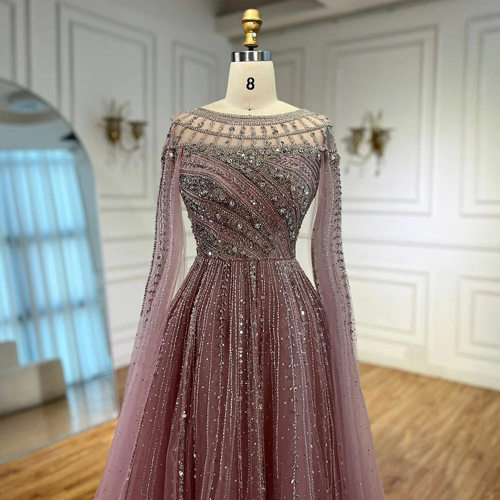 Saudi Arabic Modest Pink Beaded Evening Dress Party Gown LA72994