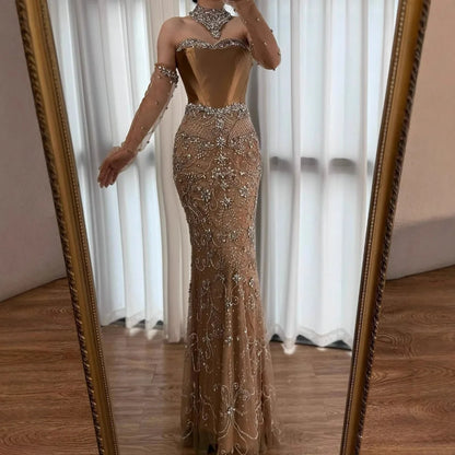Saudi Nude Beaded Corset Mermaid Evening Dress with Gloves LA72929