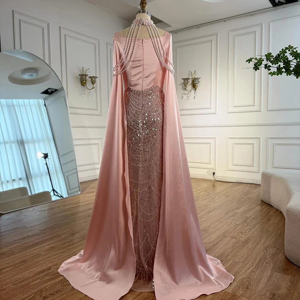 Pink Sweetheart Pearls Beaded Evening Dress with Cape Sleeve LA73051