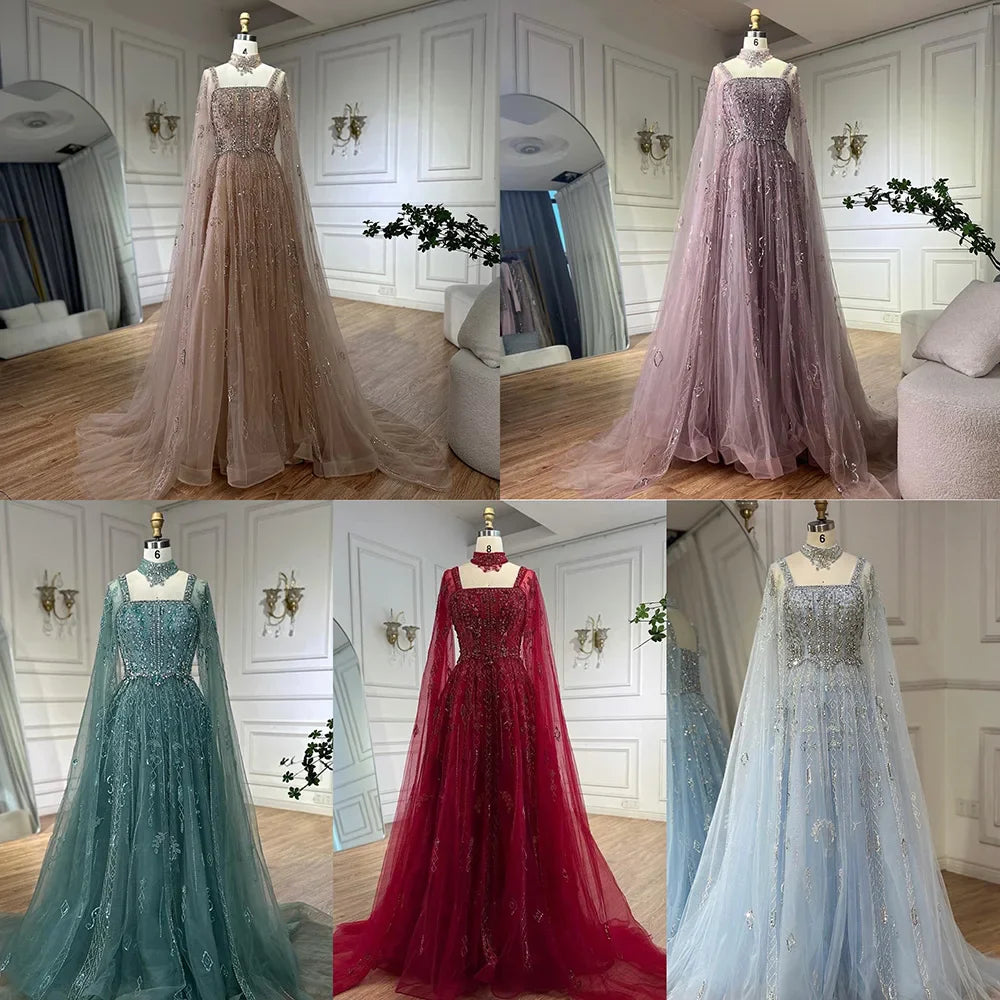 Luxury Cape Sleeve Nude A-Line Crystal Beaded Arabic Evening Dress LA72764
