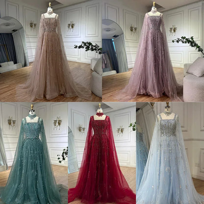 Luxury Cape Sleeve Nude A-Line Crystal Beaded Arabic Evening Dress LA72764