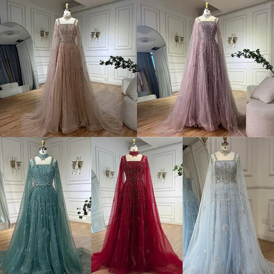 Luxury Cape Sleeve Nude A-Line Crystal Beaded Arabic Evening Dress LA72764