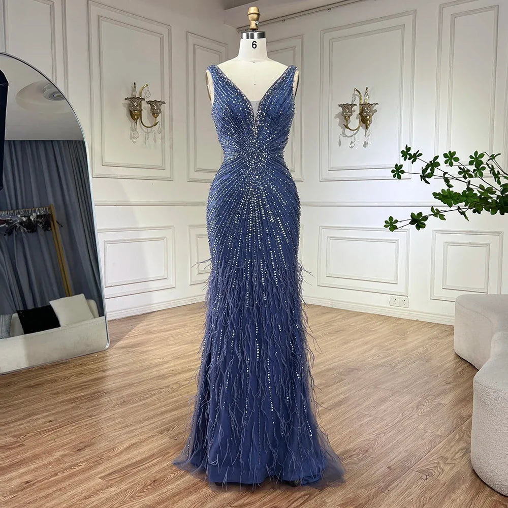 Black Straps Beaded Feather Mermaid Evening Dress LA72525