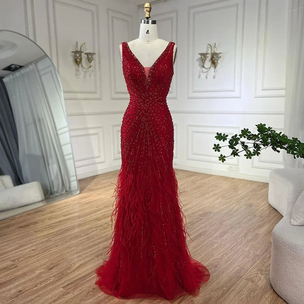 Black Straps Beaded Feather Mermaid Evening Dress LA72525