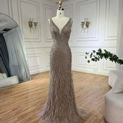 Black Straps Beaded Feather Mermaid Evening Dress LA72525