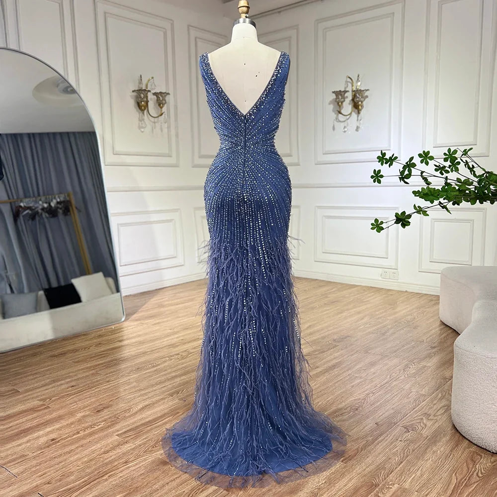 Black Straps Beaded Feather Mermaid Evening Dress LA72525