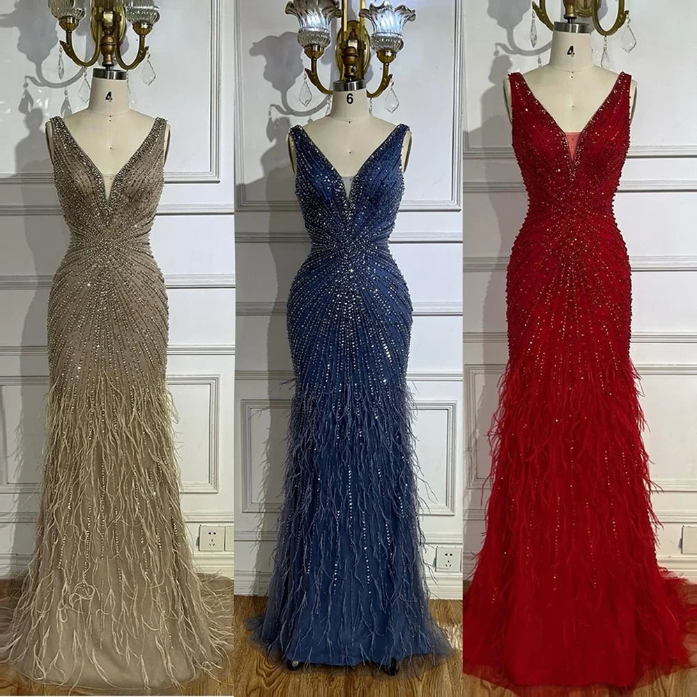 Black Straps Beaded Feather Mermaid Evening Dress LA72525