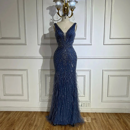 Black Straps Beaded Feather Mermaid Evening Dress LA72525