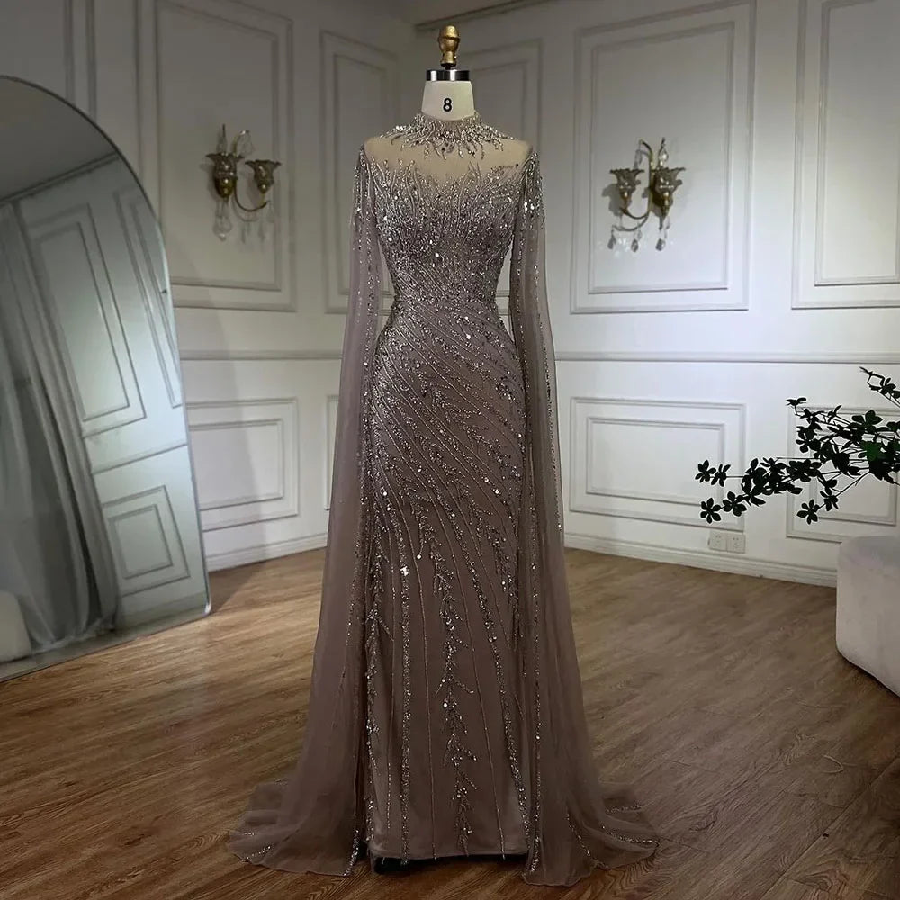 Luxury Modest Nude Mermaid Evening Dress with Cape Sleeves LA71885A