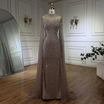 Luxury Modest Nude Mermaid Evening Dress with Cape Sleeves LA71885A