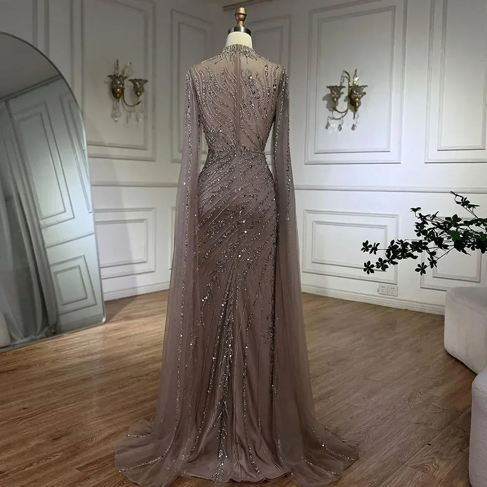 Luxury Modest Nude Mermaid Evening Dress with Cape Sleeves LA71885A