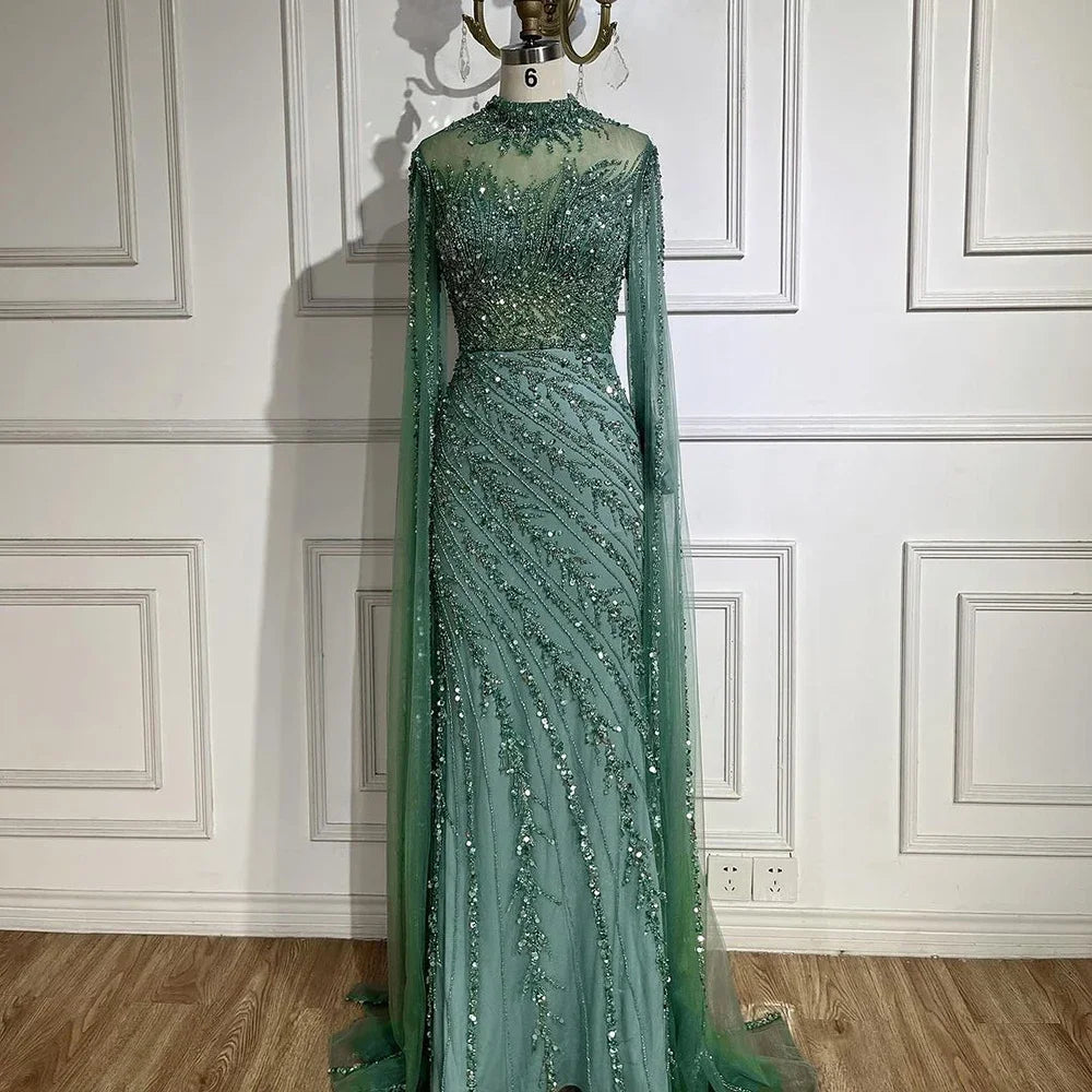 Luxury Modest Nude Mermaid Evening Dress with Cape Sleeves LA71885A