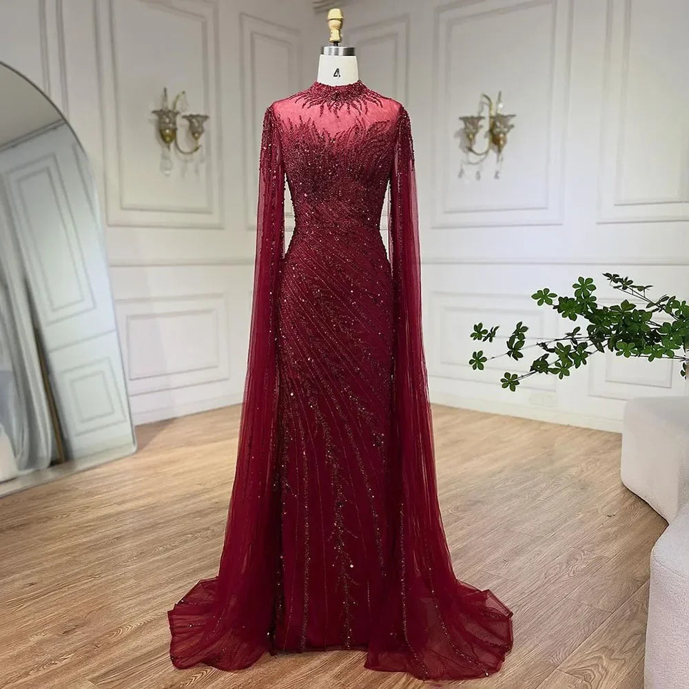 Luxury Modest Nude Mermaid Evening Dress with Cape Sleeves LA71885A
