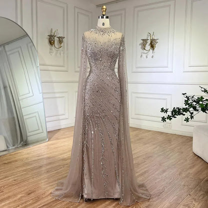 Luxury Modest Nude Mermaid Evening Dress with Cape Sleeves LA71885A