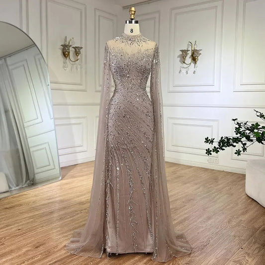 Luxury Modest Nude Mermaid Evening Dress with Cape Sleeves LA71885A