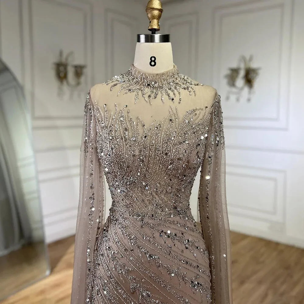 Luxury Modest Nude Mermaid Evening Dress with Cape Sleeves LA71885A
