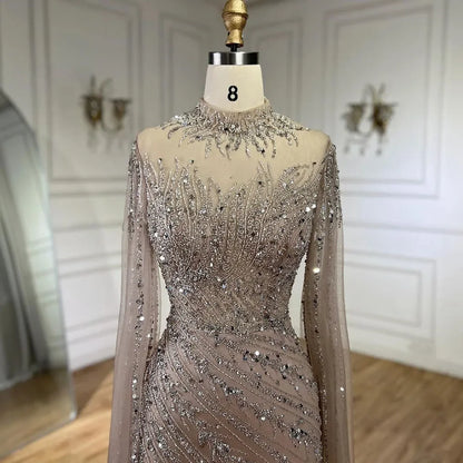 Luxury Modest Nude Mermaid Evening Dress with Cape Sleeves LA71885A