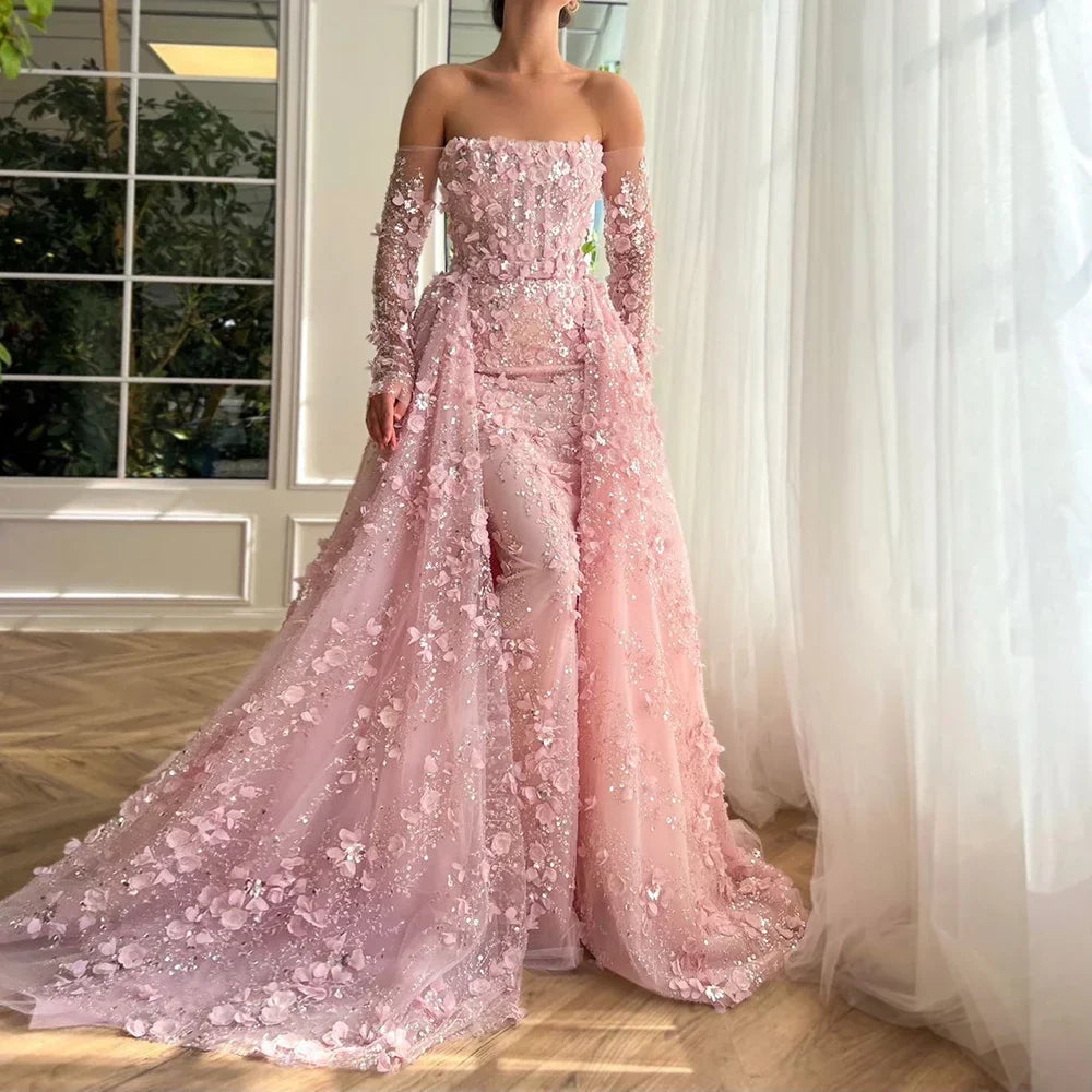 Pink Appliques Mermaid Off-the-Shoulder Evening Gown with Overskirt  LA72641