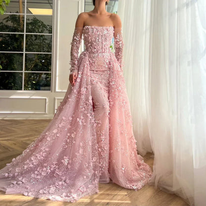 Pink Appliques Mermaid Off-the-Shoulder Evening Gown with Overskirt  LA72641