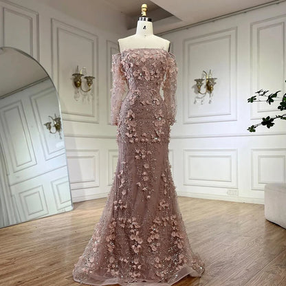Pink Appliques Mermaid Off-the-Shoulder Evening Gown with Overskirt  LA72641