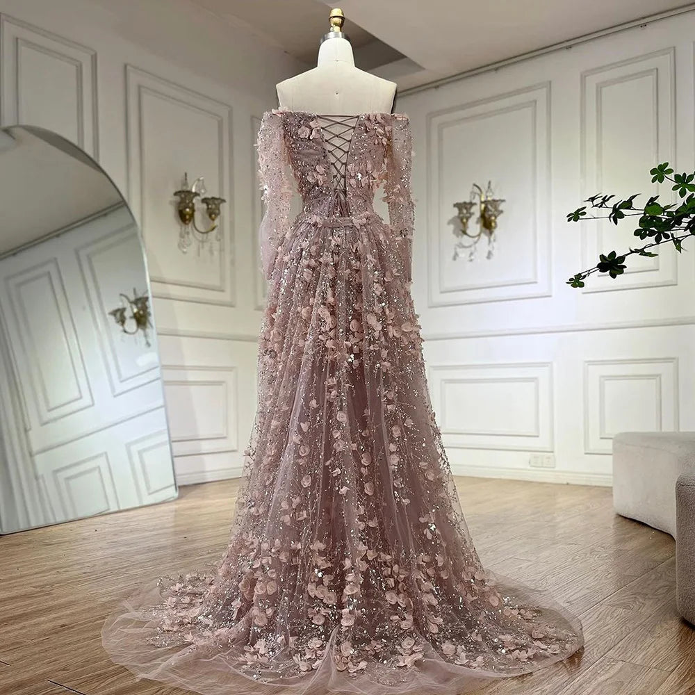 Pink Appliques Mermaid Off-the-Shoulder Evening Gown with Overskirt  LA72641