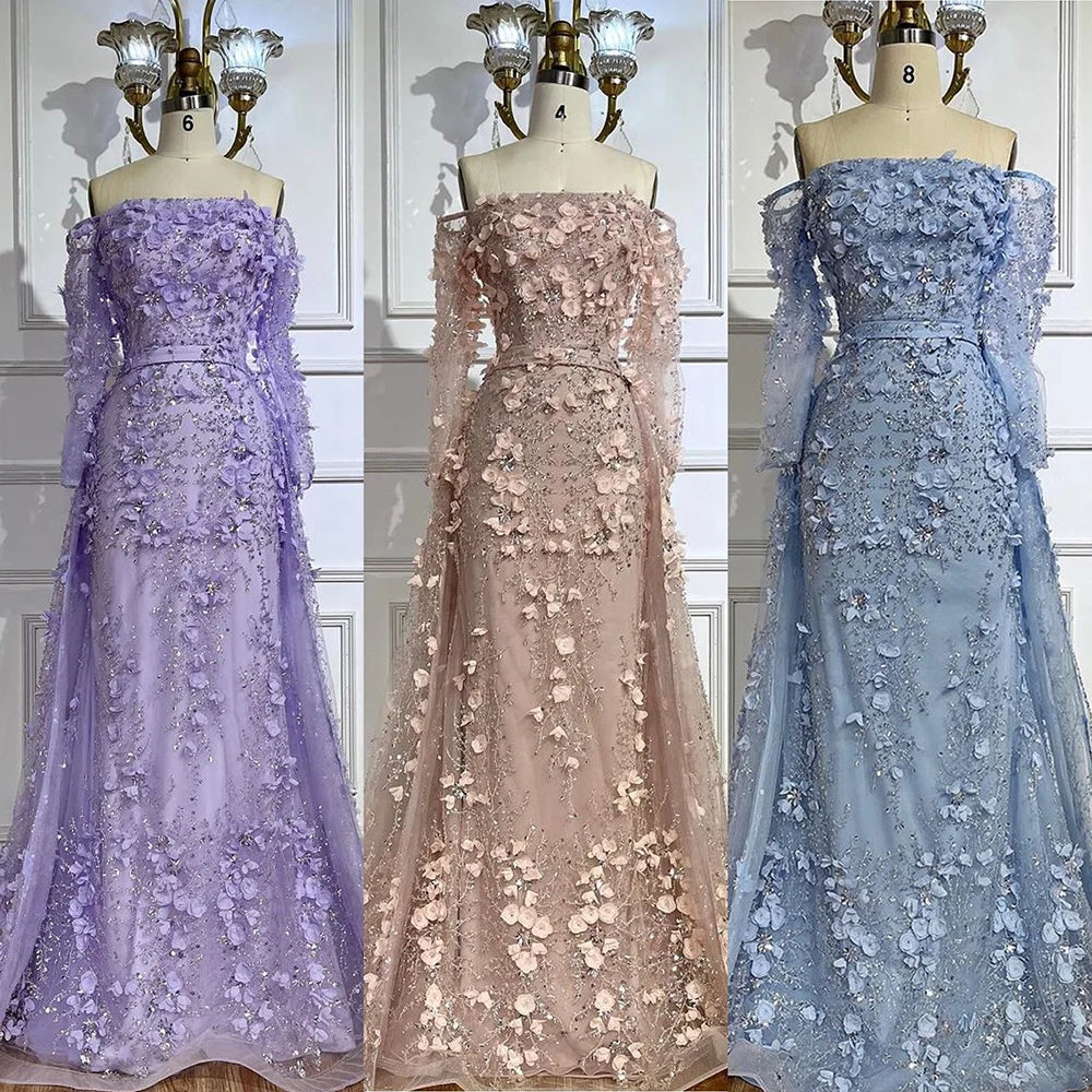 Pink Appliques Mermaid Off-the-Shoulder Evening Gown with Overskirt  LA72641