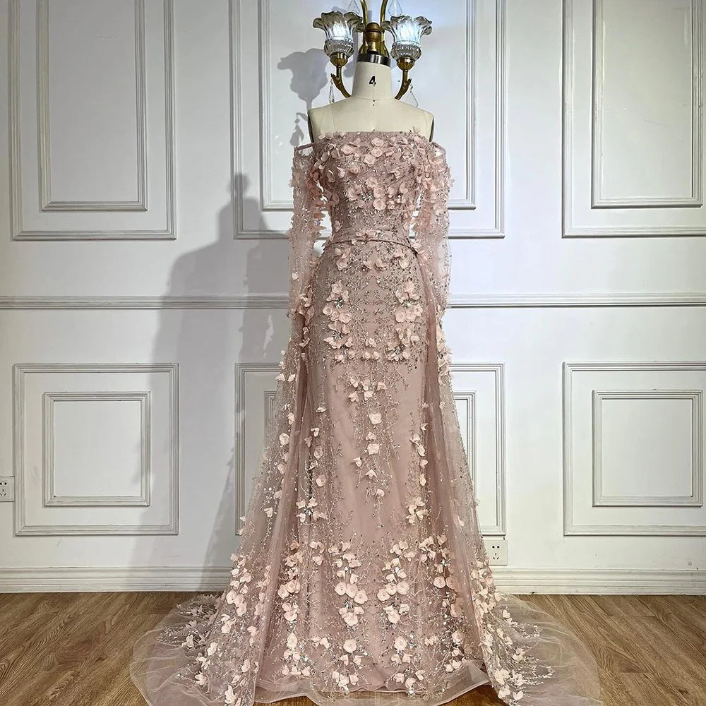Pink Appliques Mermaid Off-the-Shoulder Evening Gown with Overskirt  LA72641