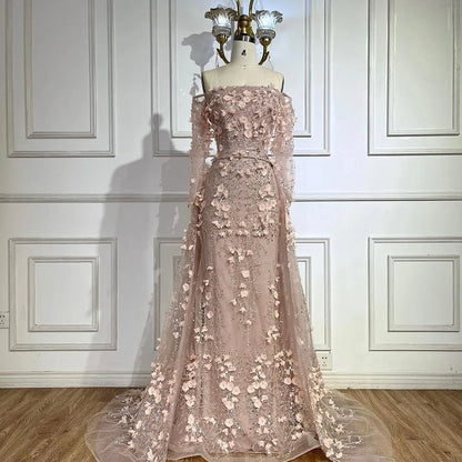 Pink Appliques Mermaid Off-the-Shoulder Evening Gown with Overskirt  LA72641
