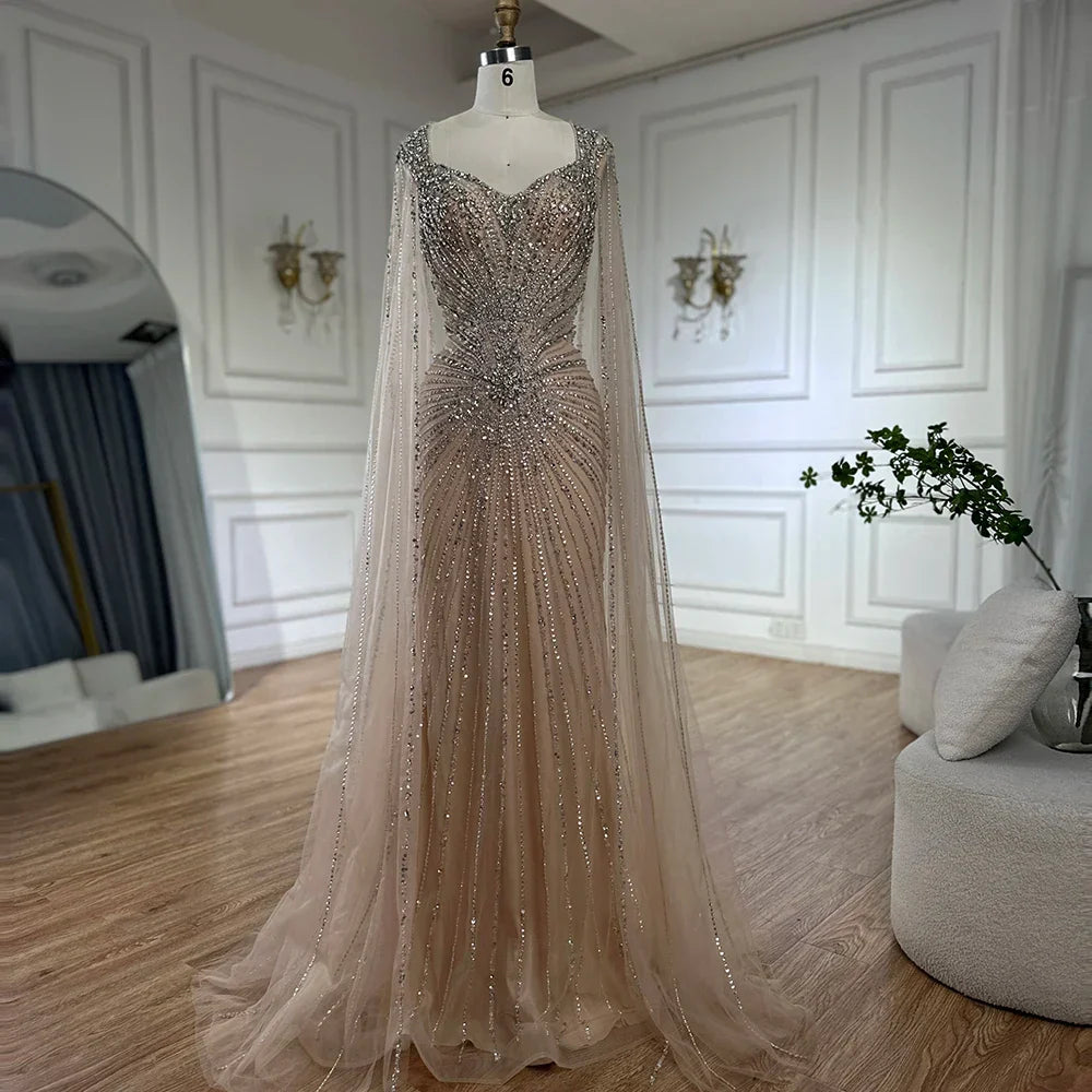 Dubai Pink Cape Sleeves Beaded Evening Dress Formal LA72575A