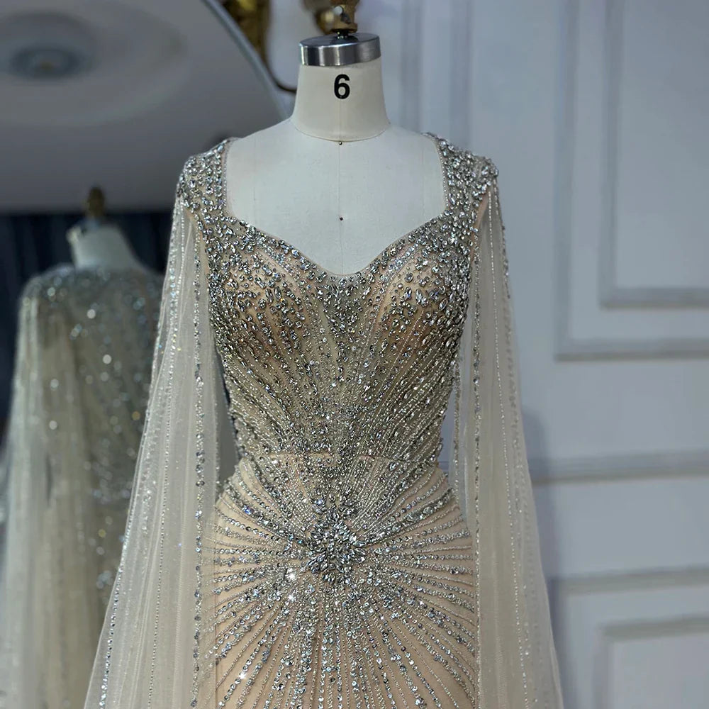 Dubai Pink Cape Sleeves Beaded Evening Dress Formal LA72575A