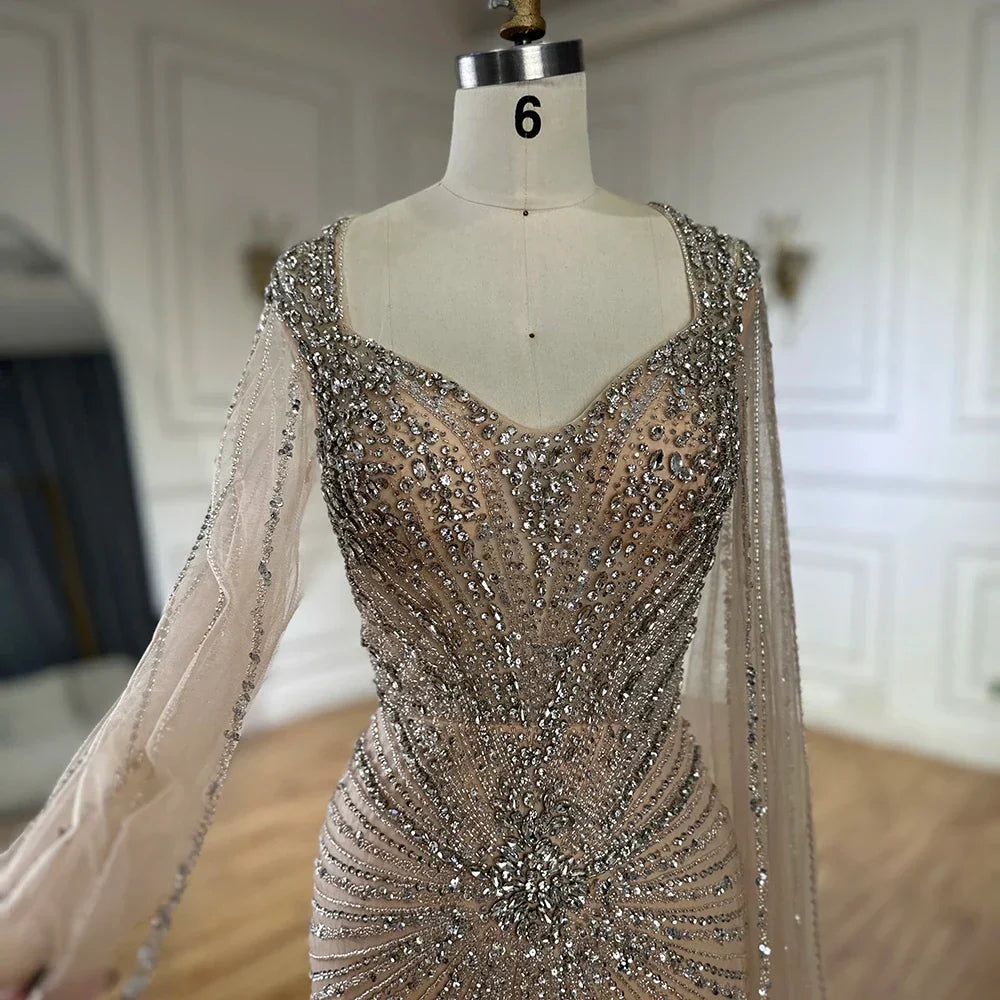 Dubai Pink Cape Sleeves Beaded Evening Dress Formal LA72575A
