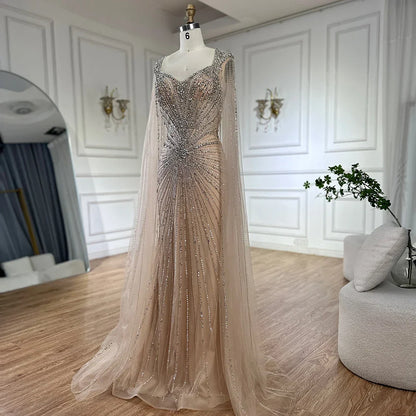 Dubai Pink Cape Sleeves Beaded Evening Dress Formal LA72575A
