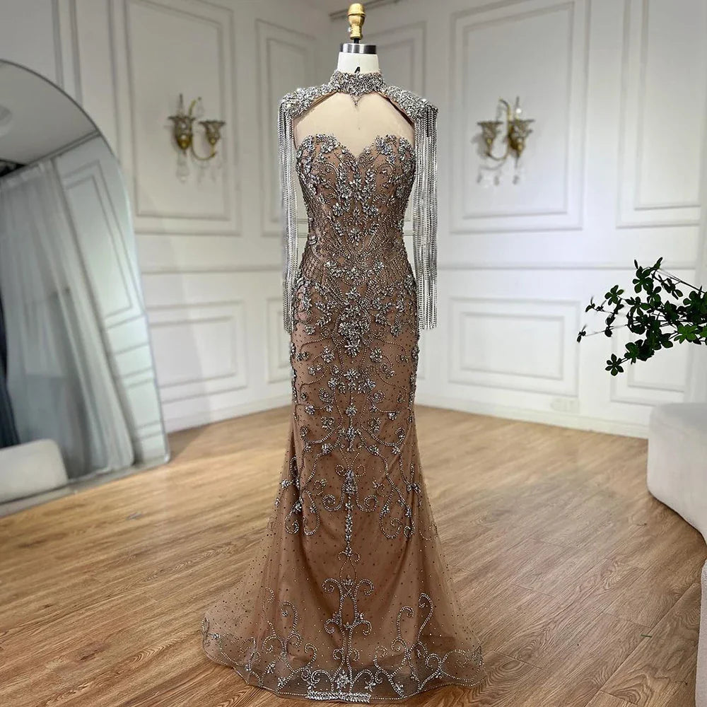 Dubai Caramel Mermaid Tassel Beaded Evening Dress with Cape LA72237A