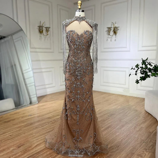 Dubai Caramel Mermaid Tassel Beaded Evening Dress with Cape LA72237A