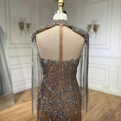 Dubai Caramel Mermaid Tassel Beaded Evening Dress with Cape LA72237A